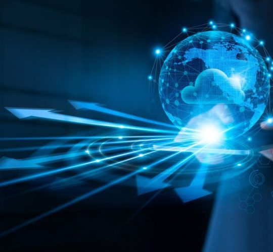 Businessman using cloud computing connect at big data on global network connection, Cloud service and networking data storage technology service on dark blue background.